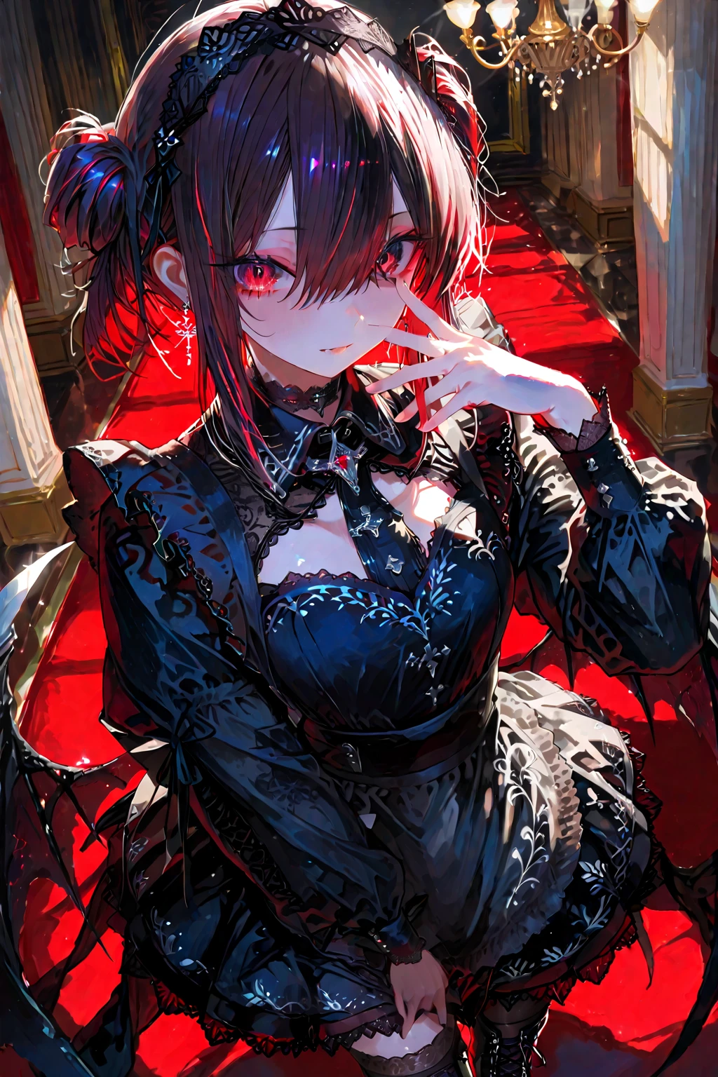 (Highest resolution, clearly_image), best quality, masterpiece, Very detailed, semi-realistic, woman with black short hair, mature woman, triple bangs, black, black pleated skirt, Uniform, spaceship space, control room, commander