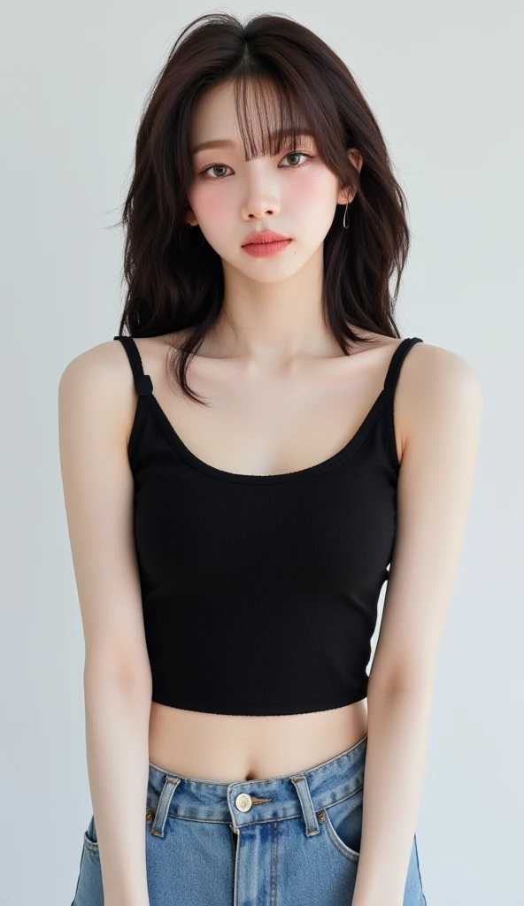 A woman in her twenties wearing a black tank top, Small waist, Narrow waist, Narrow waist, Narrow waistと太いヒップ, Slim girl photos, Slim waist, with a Narrow waist, Slim girl photos model, Very slim body, physically : The smallest abdomen ever, Fits a slender figure, The smallest abdomen ever、bedに座っている、bed、Sitting cross-legged、