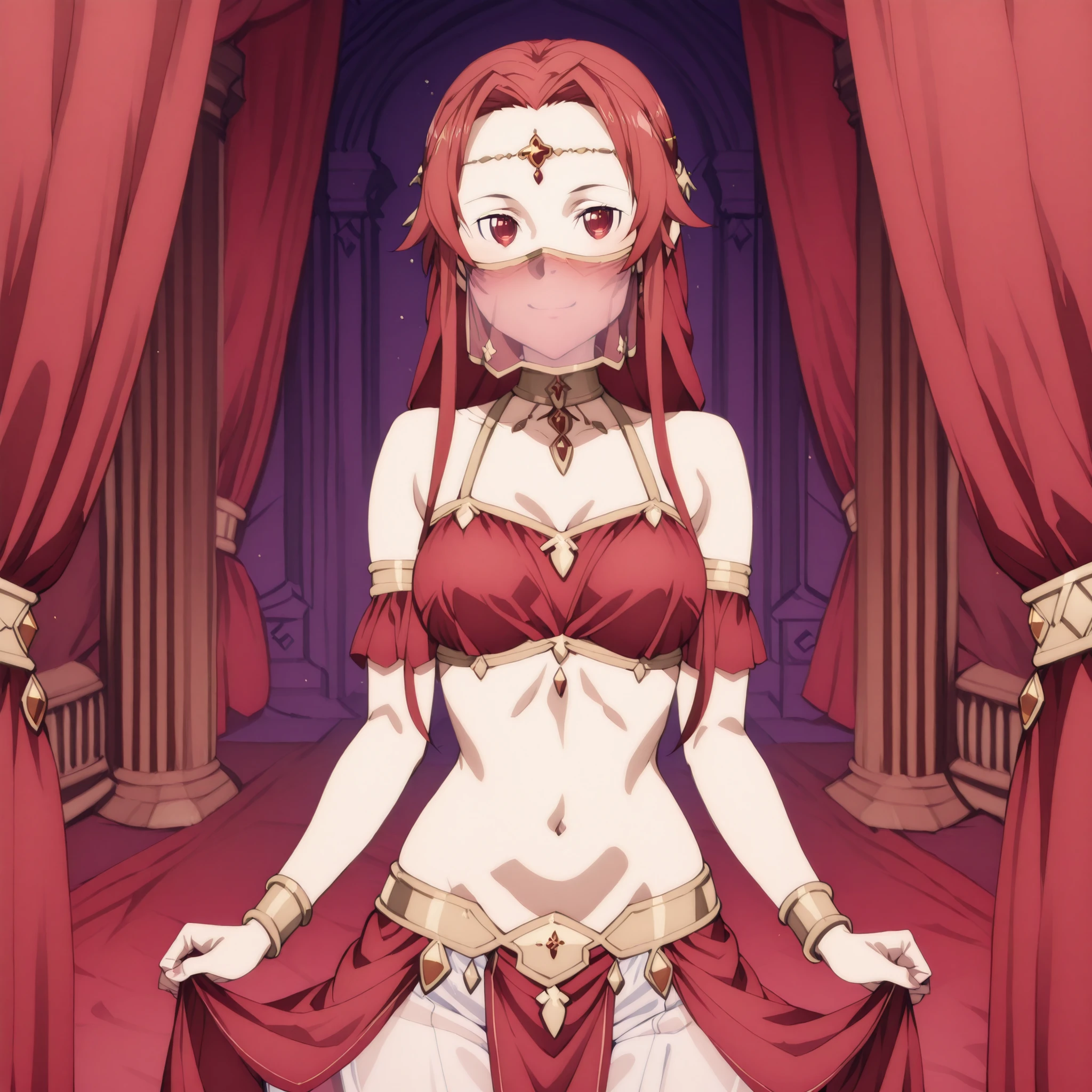 Chain bikini, chain crown, bare belly, big breasts, red hair, red eyes, godness of chaos