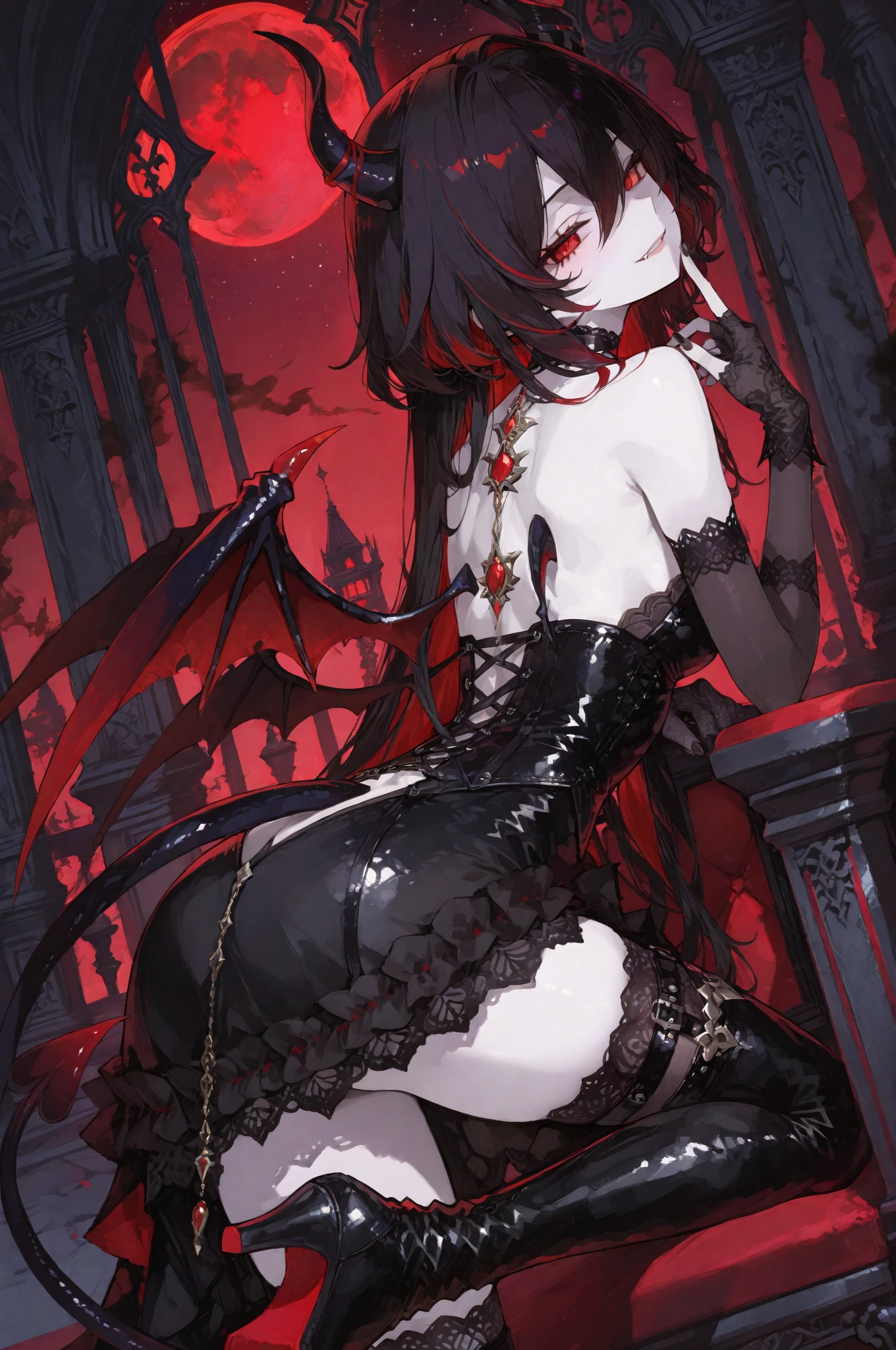 NSFW,Una chica con cabello negro suelto, penetrantes ojos azules, y labios carnosos y rojos, Dressed in seductive black lace lingerie, standing in a dimly lit room. Ella exuda confianza y sensualidad, con una mirada intensa que cautiva a cualquiera que la mire. The room is adorned with antique furniture and velvet curtains, creating a gothic and luxurious atmosphere. The walls are painted in dark shades, realzando el ambiente misterioso y seductor. The lighting is soft and warm, casting subtle shadows on the girl's flawless skin. The image is of the highest quality, with exquisite details showcasing the intricate lace patterns of her lingerie and the delicate features of her face. El tono de color general es profundo e intenso, with a hint of crimson to add drama. El mensaje tiene como objetivo crear una imagen provocativa y seductora con un toque de oscuridad, enfatizando la belleza y la confianza de la mujer. (La mejor calidad, Altas Resoluciones), (Black lace lingerie), (gothic aesthetic), (mirada intensa), (atmosfera oscura), (Detalles exquisitos), (seduction), (Mysterious atmosphere), (Soft lighting), (Crimson color palette).
