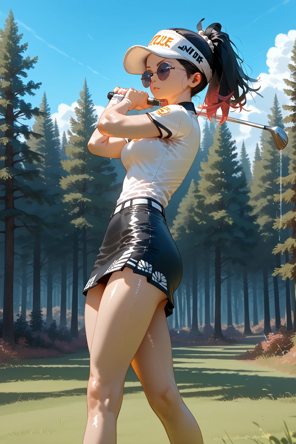 anime, braids, sports, the best quality, slender figure, golf course, short skirt,
