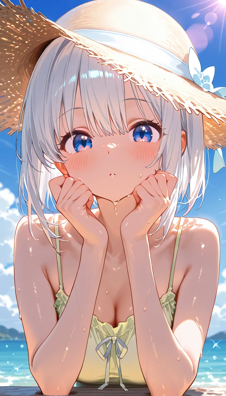 absurdres, (masterpiece, best quality), (ultra-detailed), extremely detailed,super high resolution, (Top Quality photorealistic Illustration), (Super Definition), (best quality,masterpiece:1.0),(cute illustration:1.3), (high Saturation:1.2), highres, ultra-detailed, 32k,8k resolution, intricate details, cinematic scene, detailed background, detailed background,nsfw,
strong light,
detailed beautiful face and eyes, very detailed background, (an extremely delicate and beautiful), (nice hands, perfect hands), (appropriate posture), (appropriate configuration), ideal ratio body proportions,
dynamic angle, from below, depth background, in the sandy beach, ocean, splashing, blue sky, windy, rim light, sunlight, beautiful lighting, widely,
(girly running:1.3), ((looking up at viewer)), ((looking up)),
((1girl, solo, izumi sagiri, (eromanga sensei)), izumi_sagiri_eromangasensei,very cute and beautiful girl,(highly detailed beautiful face),(twinkle smile), (full-face blush), (shy), (very flat chest:1.6), belly button grey_hair, long_hair, blue_eyes, bangs, floating hair, barefoot, (very small white thong:1.6),(Stick out pussy:1.6), (perfect Female Body, Perfect Anatomy Body), (slim body), (narrow waist, narrow thighs), (narrow stomach), (collarbones), ((perfect anatomy)), camisole
(show off nipples:1.6), (exposing bare breasts:1.3), (exposed chest:1.3), (no bra:1.3), (exact number of nipples:1.6), ((Closed Mouth)), ((dewy)),(cameltoe:1.3),