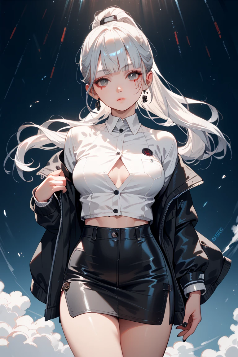 masterpiece, best quality, 4k, UHD, mishoujo, beautiful eyes and detailed face, illustration, beautiful detailed, high resolution illustration, glowing_white_particles, 1girl, white hair, light purple eye, hair over one eye, short side tail, baseball cap, expressionless, black latex jumpsuit, black jacket, black thigh high boots, 