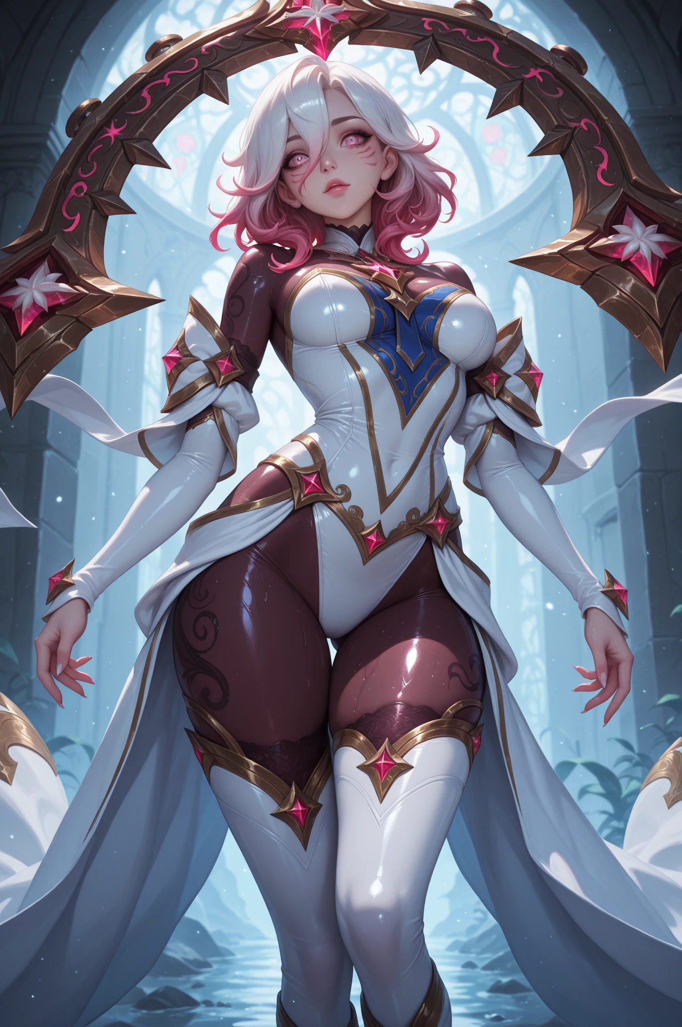 (Perfect Anatomy)、Mastepiece、Ultra High Quality、 8k、masterpiece、Highest quality、Ultra-high resolution、Maximum resolution、Very detailed、Professional Lighting、anime、woman、thin、so beautiful、Highly detailed eye、Highly detailed face、Golden earrings、Pink Hair,、Pink eyes、Detailed costume patternid-chest、Blue jewel on chest, pink lips, upper arm pink armor, white high leg leotard, pink pattern, full body, magical girl, Angel Girl, Are standing, pink thigh high stockings, white super long boots, pink gauntlet, high heels, blunt bangs, Hime cut, bridal hair accessory, paladin robe, clenched teeth, Using a power-up item