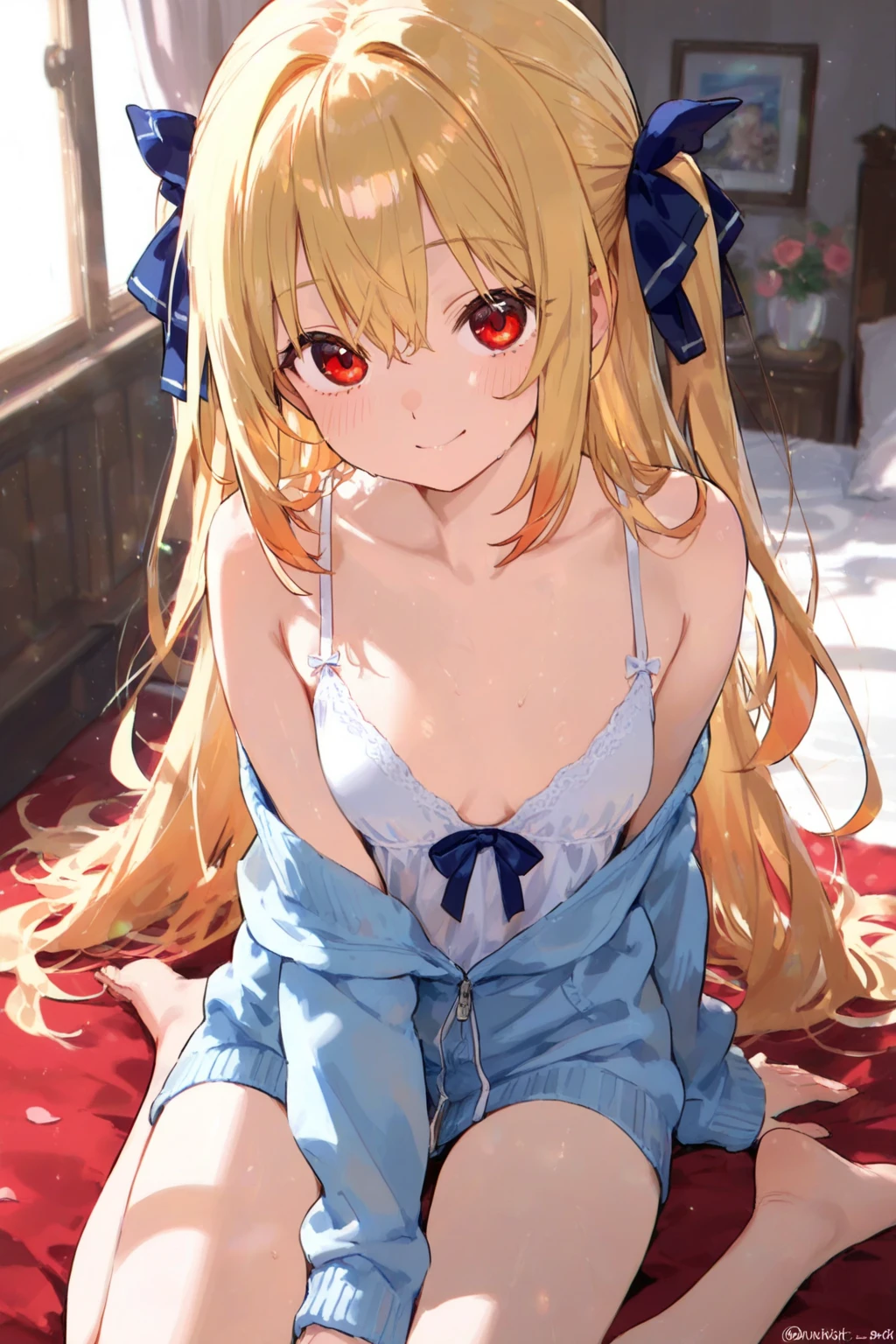 highest quality, masterpiece, 1 girl, armpit, cleavage, chest apart, enchanting smile, (blush:1.1)、nsfw、(Lying down and showing genitals:1.1)、Realistic genitals、pubic hair、(A large amount of  is poured onto the body.:1.1)、whole body、Masturbation with fingers、Open your eyes、panting、(((slouch:1.1)))、(((random pose)))、random clothes、blonde、young girl