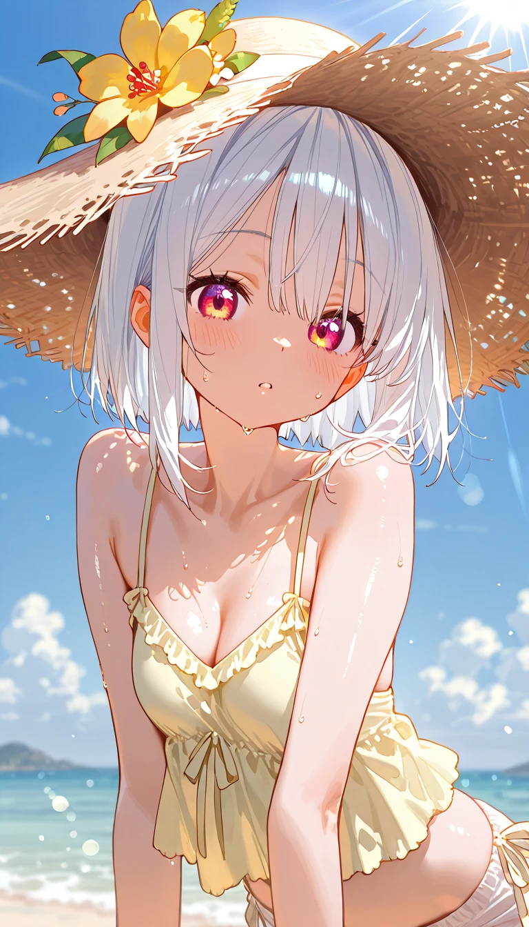 (Sunset Scene, Soft lighting, High saturation):1.4, Vivid lighting, Enchanting elegance, Atmospheric Depth, Great technology, Naturalistic representation, Harmonious composition, Creative refinement, Striking contrast, (One beautiful girl), smile, White Bikini, Expose, Short gray hair ,Volumetric Fog, Outdoor, Backlight, Ocean, Small breasts, Nipples are pinched