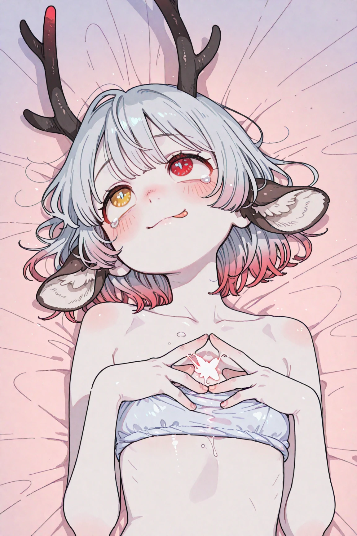 1 girl, 16 years old, grey antlers, snow colored hair, pink eyes, naked, blush, shocked face