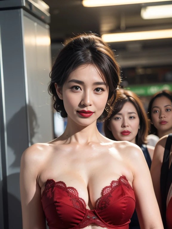 Red dress with open chest、medium breasts、valley、Luxurious earrings、luxury necklace、A beautiful woman with a sense of transparency、cute、upper body up、Runway in the background