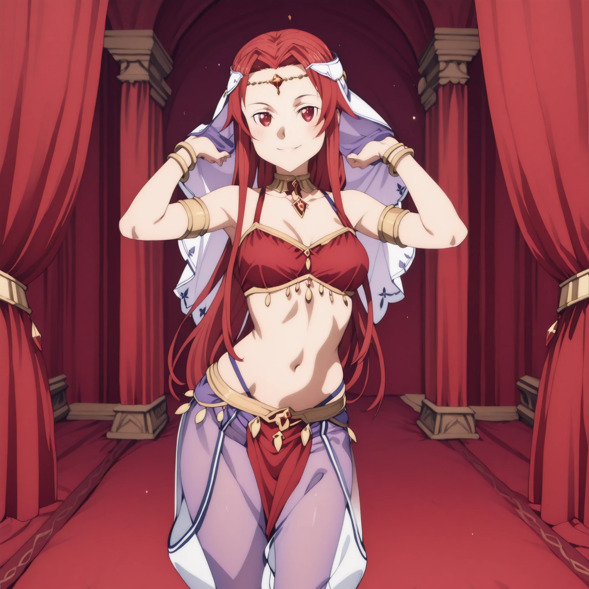 (1girl:1 . 5) , (Seul:1 . 5) , score_9 , score_8_haut , score_7_haut , source_anime , Official work , ultra-detailed , masterpiece , best quality , high res , beaux yeux , detailed eyes , detailed face , beautiful detailed eyes ,Sword Art Online Alicization,Shtolienen Tiese, Arabian Clothes , Arabian Dancer ,belly dancer costume , golden jewelery,harem outfit, harem skirt, harem pants, transparent pants, belly dancing, harem veil , arabian room, arabian theater , seductive smile, dancing with veil, dynamic movement, seductive pose,sexy pose