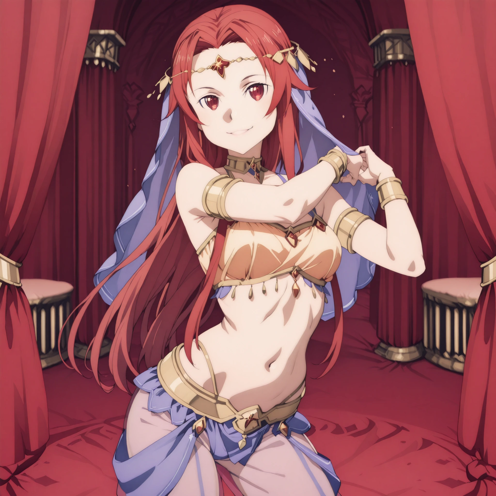 (masterpiece, best quality:1.2), 1girl, solo, ((hip vent)), frills, long hair, red hair, green eyes, circlet, jewelry, gold shackles, blue eyes, mature, woman, indoors, arabian inn, full body, cowboy shot  <lora:Shauna SN:1>