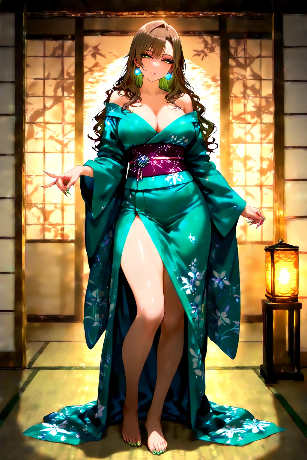 woman with white kimono top, bright green pleated skirt, crimson hairs, high ponytail, sultry blue eyes, seductive smile, huge chest, cleavage
