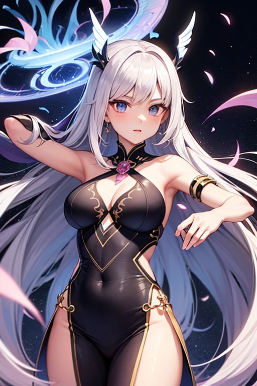 1girl, anime, cute girl, blank background, white background, fantasy, detailed fantasy dress with highlights, beautiful face, beautiful eyes, dark colors, black hair with multicolor streaks, red eye with different color pupil in eye, multicolor eye, medium breasts, slight cleavage, beautiful skin, cute, breast curtains, extremely delicate and beautiful, (beautiful detailed face:1.0), (detailed deep eyes), symmetrical breasts, deep eyes, shiny skin, portrait, slender waist, hips wider than shoulders, thighs, expressionless, young girl, luminous eyes, adorable，（Kpop idol）,（aegyo sal：1），（Platinum blonde hair：1），（（puffy eye）），Black panty，sexy posture，Superskirt, Ultra-high resolution，Black collar，slim figure, Abdominal y tattoo, womb tattoo，Tight-fitting leg ring，y tattoo on half-body，Bare skin, Armored hand，Hidden fingertips，Hand covered，Arm covered，Fist covered,{{beautiful detailed fingers}}, tufts of hair, moderate beautiful breast:1.0,(masterpiece:1.2), best quality, high-res, HDR, perfect face, intricate armor, delicate blue filigree, intricate filigree, red metalic parts, detailed part, dynamic pose, dynamic lights, cute face, neutral expression, shuimobysim, lotus, hanfu, maxi skirt, dress conservatively 1girl, solo, long blue hair, standing, One lady,14years,((White hair) ,(Shiny purple bodysuit with microskirt),((Fantasy, Moon Night)), gradient_eyes,