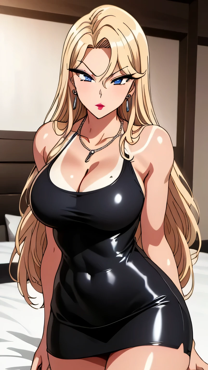 A beautiful woman with long hair, big breasts, and beautiful legs is standing in an erotic outfit and grabbing the chest area of a middle-aged man in a suit on the train.。