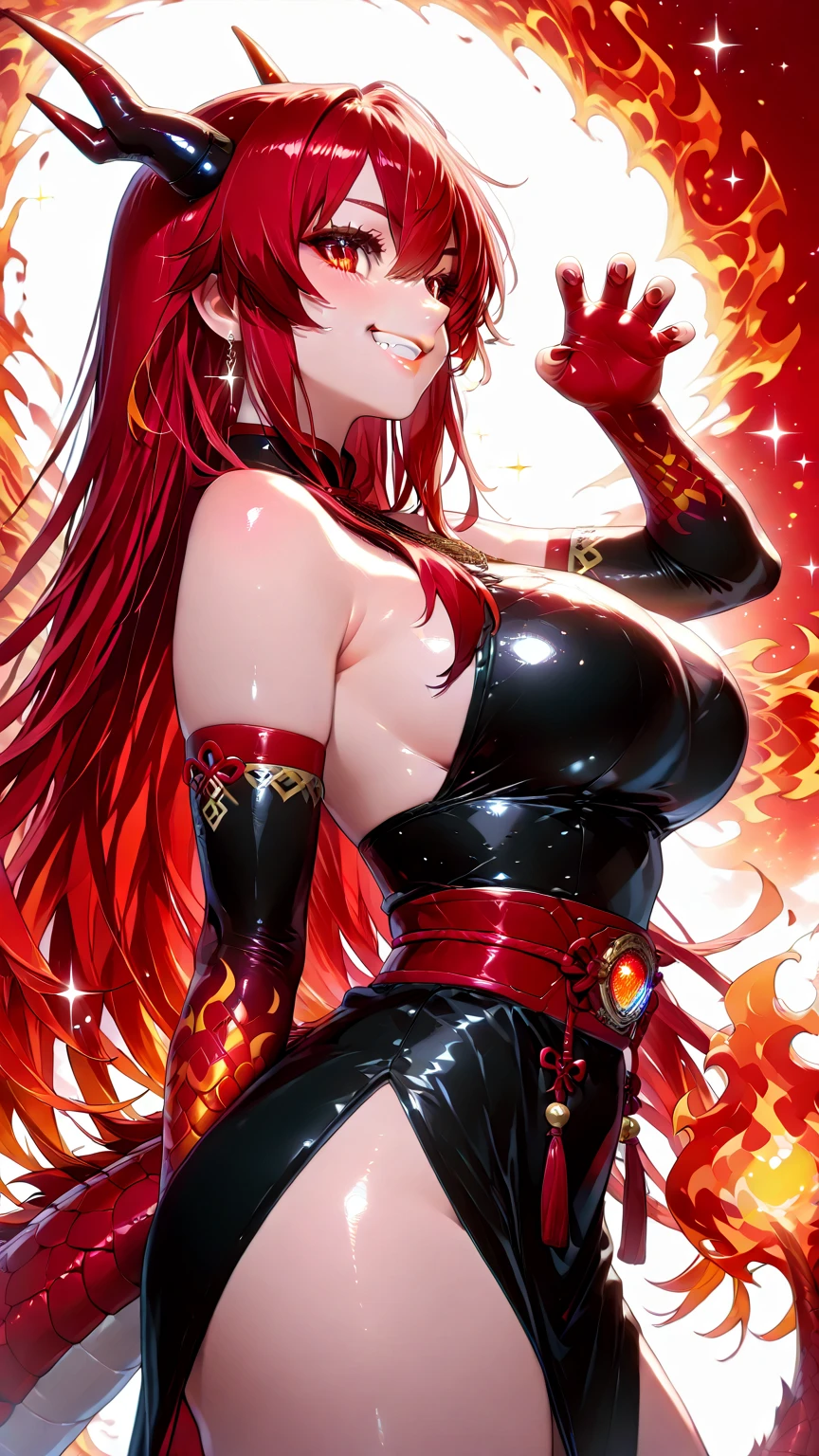 Anime woman,redhead, red eyes, glowing eyes, long hair, wolfcut hairstyle, bikini, thigh-high stockings, big boobs, big butt, sexy body, red lips, malicious smile, chocker, lewd mark, succubus mark, doggy style pose
