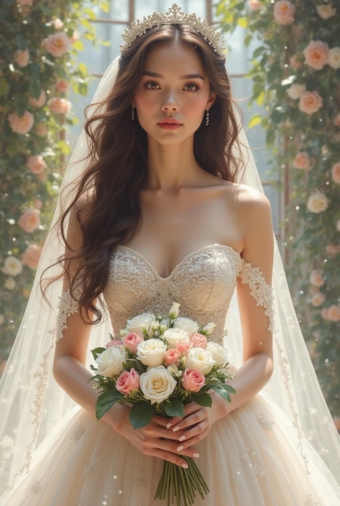 masterpiece:1.2, Best Quality), realist, (real image, intricate details, depth of field), (1 girl, Alone), make up, Chapped lips, Very detailed, perfect face, (skin denture), thick thighs, Wide hips, small waist, high, bright coral lips,, (A girl in a wedding dress with flowers in her hands. )), sexy, blush, Mikasa de AOT