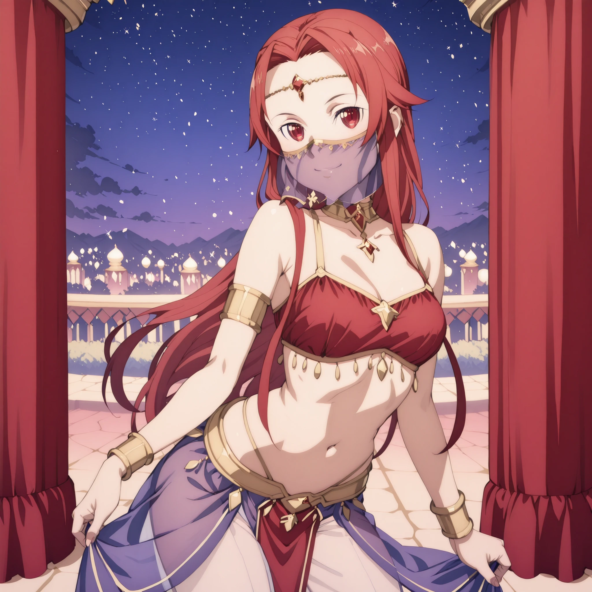 (1girl:1 . 5) , (Seul:1 . 5) , score_9 , score_8_haut , score_7_haut , source_anime , Official work , ultra-detailed , masterpiece , best quality , high res , beaux yeux , detailed eyes , detailed face , beautiful detailed eyes ,Sword Art Online Alicization,Shtolienen Tiese, Arabian Clothes , Arabian Dancer ,belly dancer costume ,face veil , golden jewelery,harem outfit, harem skirt, harem pants, transparent pants, belly dancing, harem veil , night, arabian garden , seductive smile, dancing with veil, dynamic movement, seductive pose,sexy pose