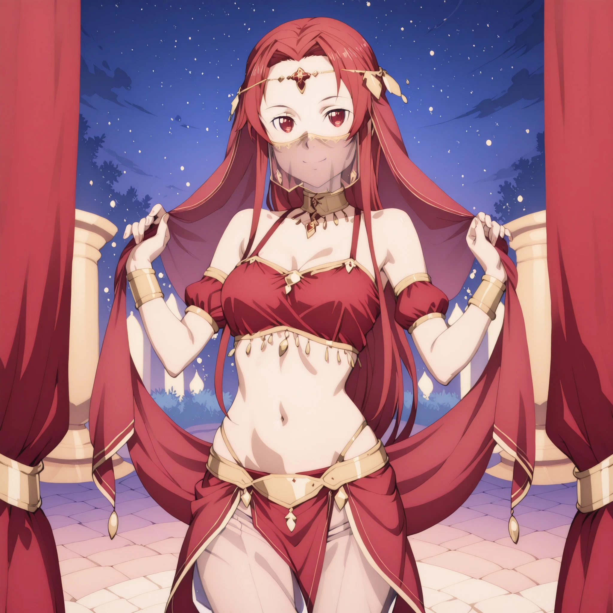 (1girl:1 . 5) , (Seul:1 . 5) , score_9 , score_8_haut , score_7_haut , source_anime , Official work , ultra-detailed , masterpiece , best quality , high res , beaux yeux , detailed eyes , detailed face , beautiful detailed eyes ,Sword Art Online Alicization,Shtolienen Tiese, Arabian Clothes , Arabian Dancer ,belly dancer costume ,face veil , golden jewelery,harem outfit, harem skirt, harem pants, transparent pants, belly dancing, harem veil , night, arabian garden , seductive smile, dancing with veil, dynamic movement, seductive pose,sexy pose