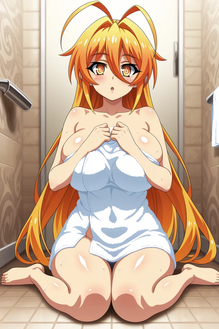 Highest_quality,anime, lppl2, orange_hair, Beautiful Eyes, Perfect Face, Perfect hands, Perfect Fingers, Perfect body, Very beautiful long legs, Saggy breasts, pantyhose, Completely naked, Puffy nipples, Pussy juice, Sexual Ecstasy, trembling, Feet Focus, squat, Put your arms behind your head