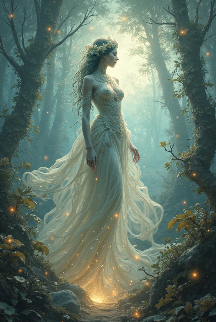 Dark black forest, a female body light, leaves as if they were blowing 