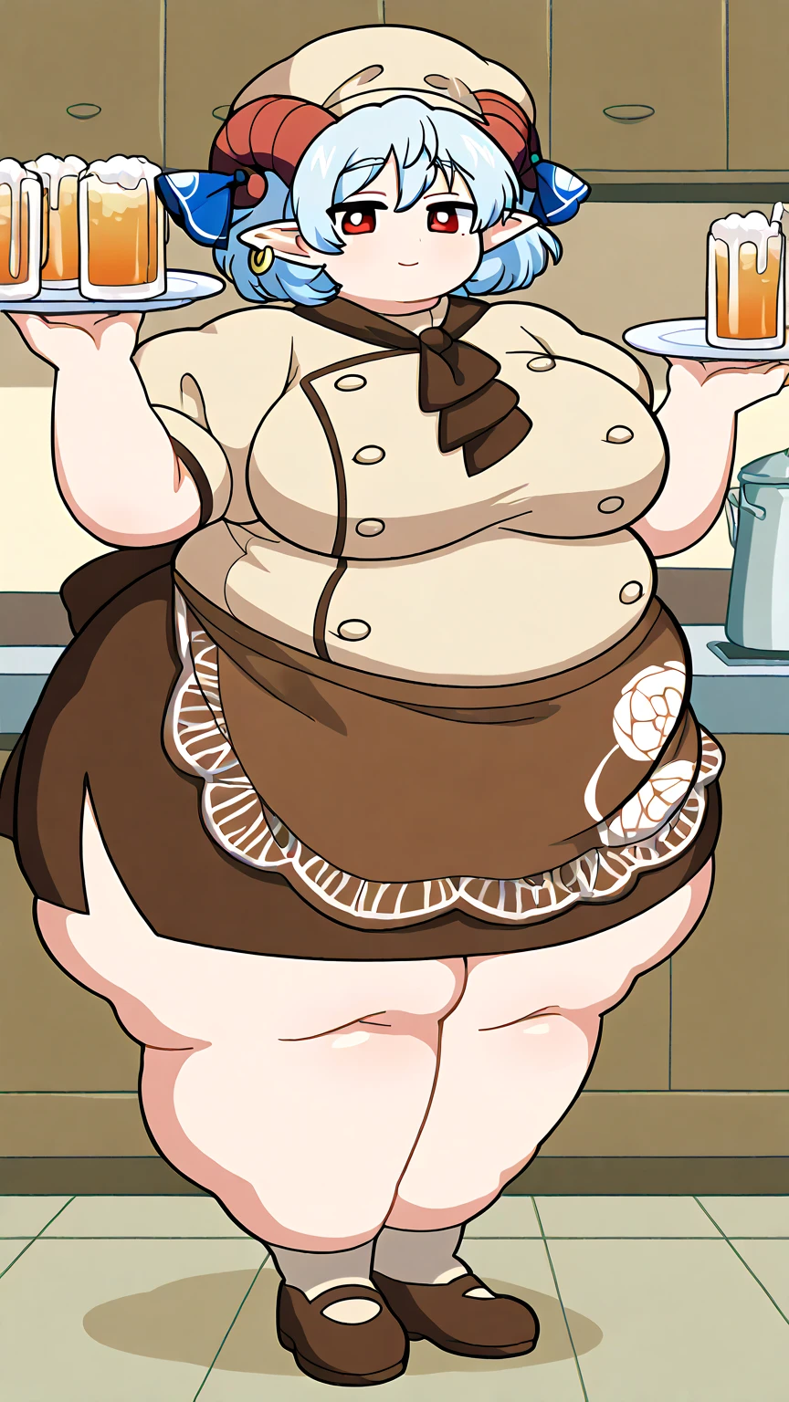 (Morbidly obese:1,1)1girl, solo(masterpiece, best quality:1.4), illustration, 8k, hd, 1girl, solo, short_messy_hair, red_hair, dress, white_thighhighs, no underwear, short_sleeves, frills, apron, brown_eyes, cleavage, metal_collar, anchor_choker, maid, white maid, ((big breast, angry, delinquent, bully, piercing, smirk)), (restaurant, maid cafe) Round face, double chin, fat chin, fat cheeks, fat neck, round face, SSBBW, flabby arms, round face, double chin, fat double chin, big double chin, fat neck, chubby cheeks, fat thighs, fat calves, morbidly obese, flabby , giant , large belly, obese, fat face, belly, double chin, obesity, flabby breasts, fat arms and legs, fat everything,