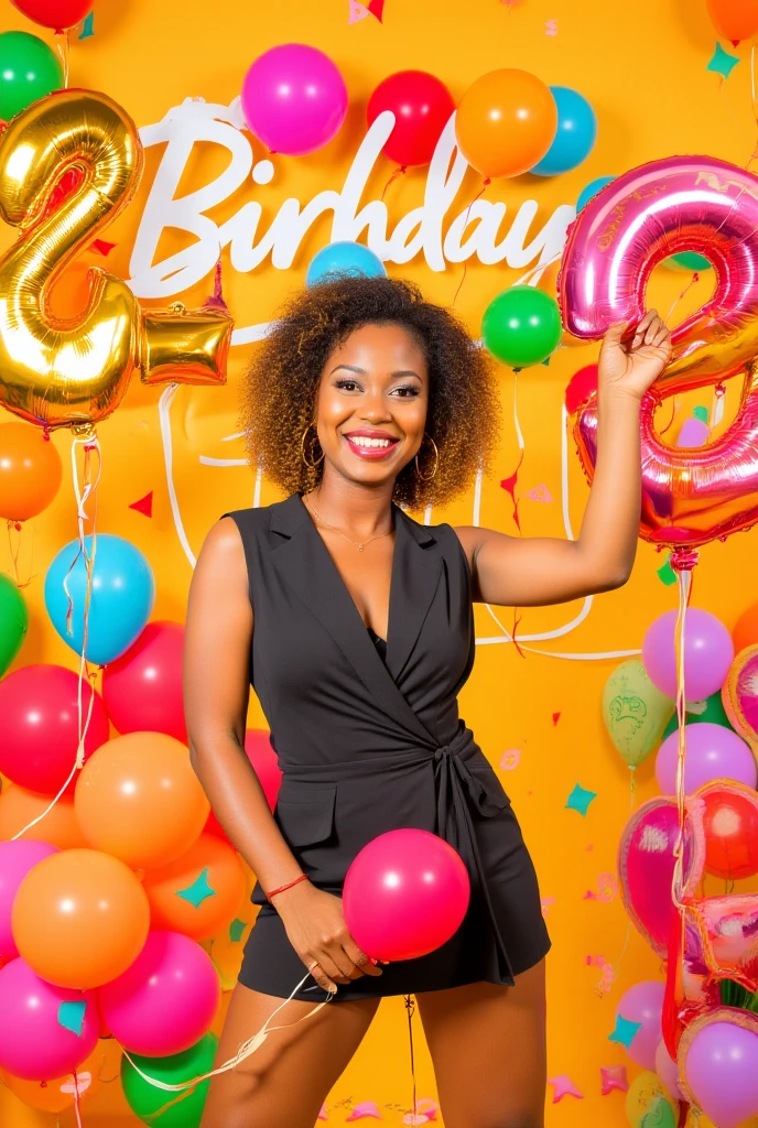 A beautiful mature black girl celebrating her birthday on August 18th next to a sign that reads RAÏSSA with a cake