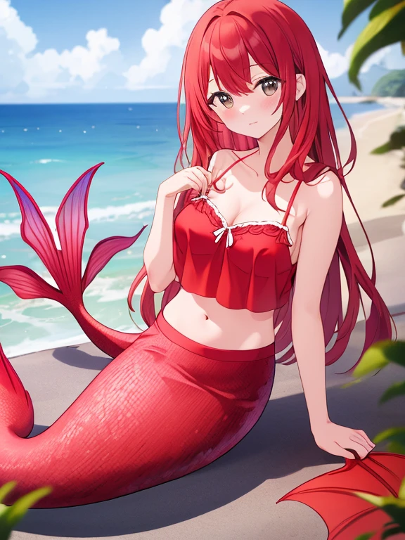 masterpiece, best quality,a girl,big breasts,Mermaid,red mermaid tail,full-body shot,beach,sea view,charming face(kawaii, charming,soft)