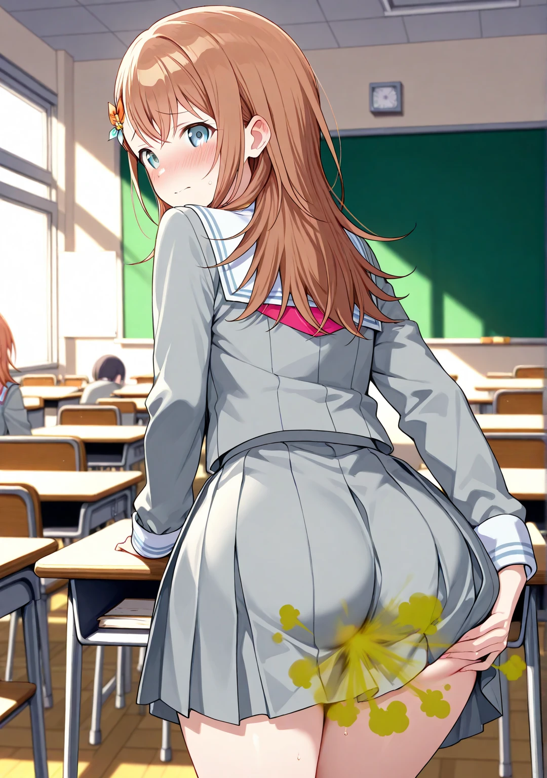 Kousaka honoka,1girl, solo, looking_at_viewer, blush, smile, open_mouth, skirt, bow, holding, jacket, ass, :d, bowtie, shoes, cup, bare_legs, black_bow, formal, suit, tray, headset, exposed ass cheeks 