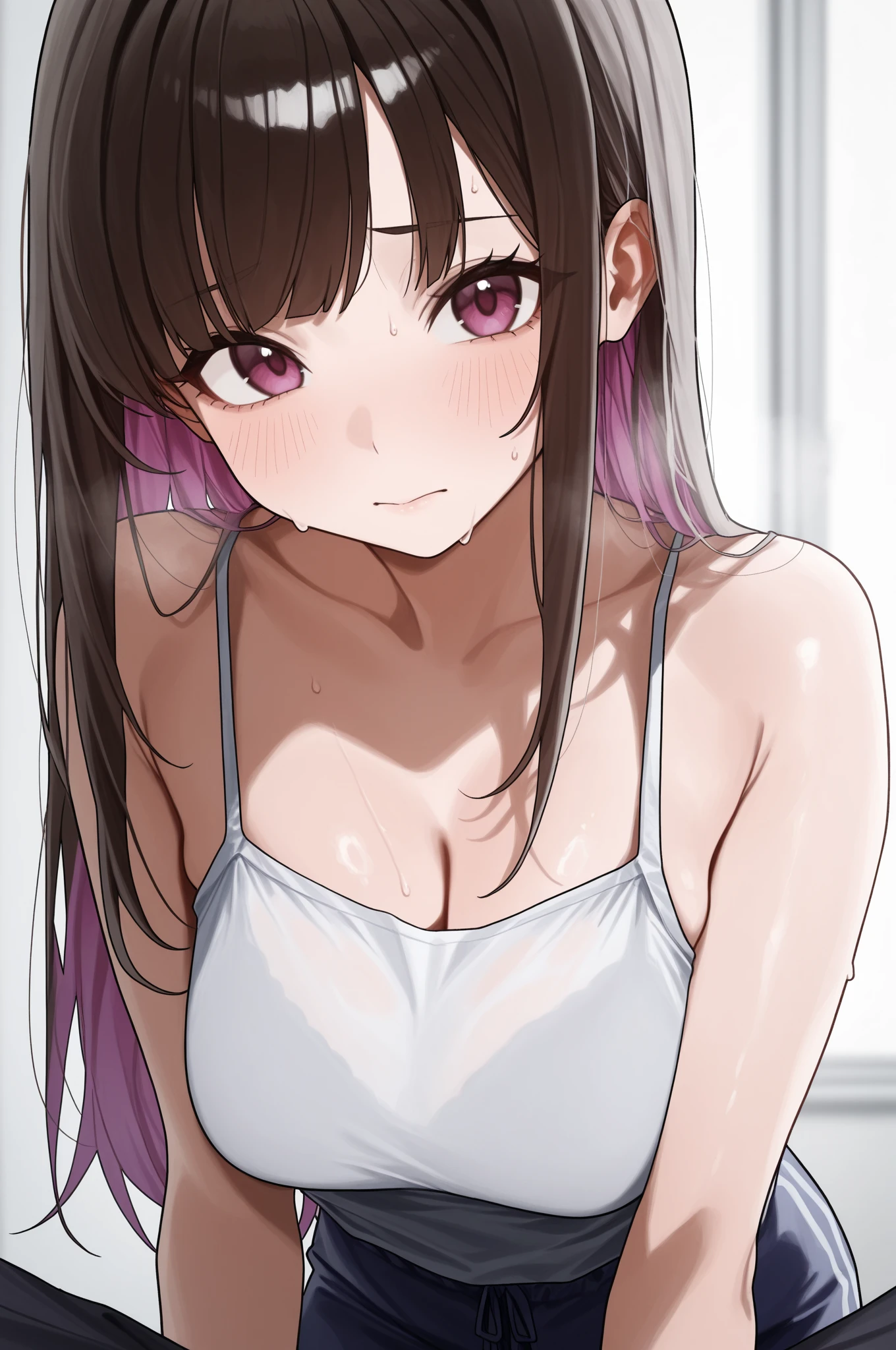 One person、masterpiece、Highest quality、Super detailed、High resolution illustrations、Improve skin quality、Increase eye appeal、Drawn in detail、Perfect body structure、Old woman、Are thin、Tall、Take off your clothes、Showing off your bra、Remove the bra、Flat chest、Small breasts、Skin blemishes、Skin wrinkles、Aged skin、Wrinkled skin、Fat on the stomach、Outdoor park、blush、Embarrassing、Puzzled、Sweat it out、Sigh、Heat、Black eyes filled with tears、Downcast eyes、mole、Long black hair、Straight Hair、