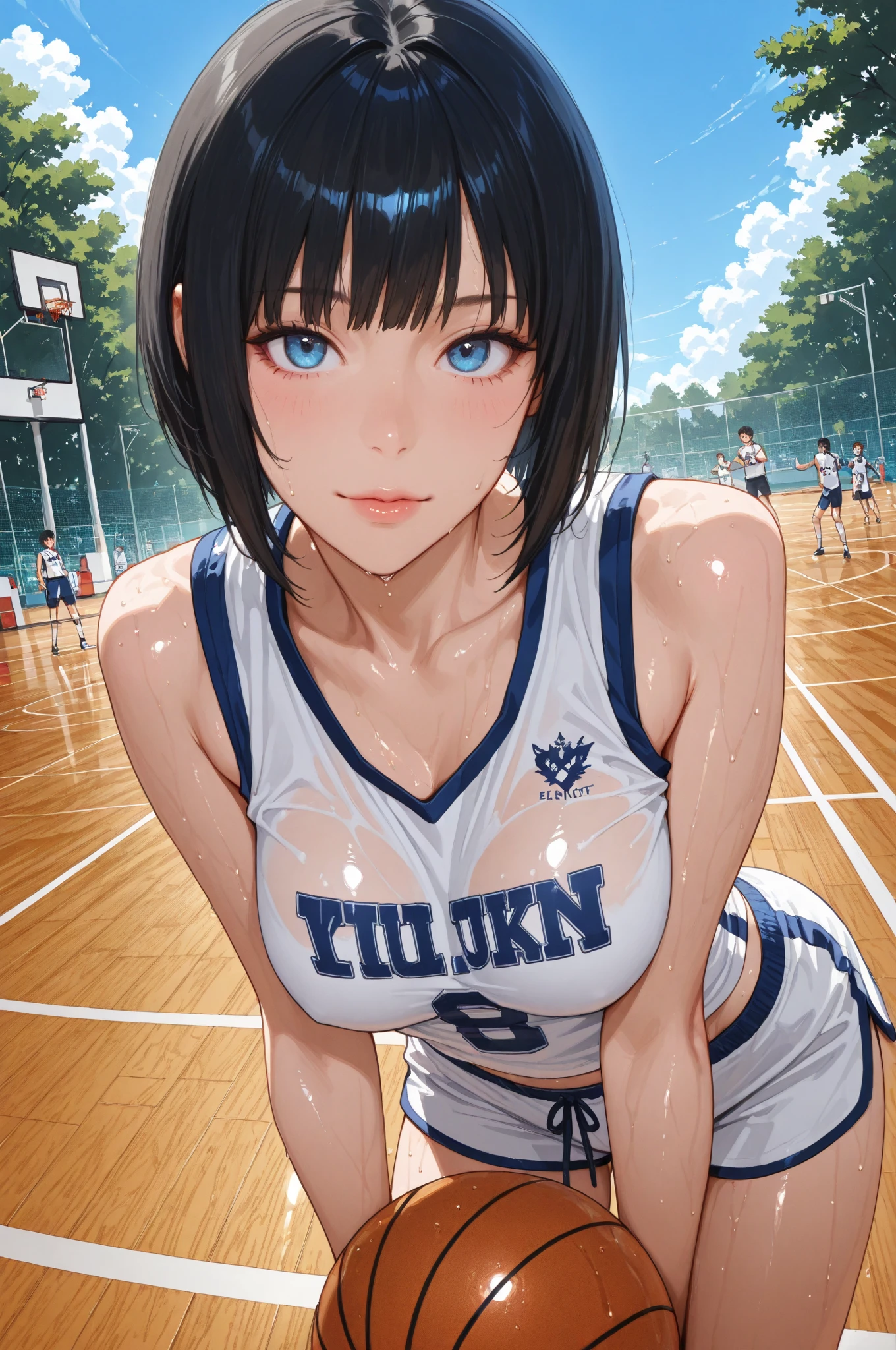 A girl with short black hair, a volleyball player, holding a ball in her right hand、Left hand on hip, big breasts, no bra, in gym Smiling face, dripping sweat