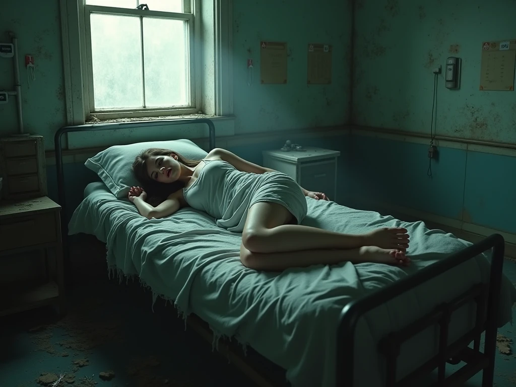 "Create a haunting scene set in a dilapidated, abandoned room with peeling paint and rust stains on the walls. A large window with sheer curtains allows dim light to filter in, casting an eerie glow over the room. In the center, a woman lies on a metal-framed bed, her body wrapped in minimal, tattered fabric resembling bandages. Her arms and legs are spread out, and her eyes are closed, giving the impression that she is unconscious or in a deep, troubled sleep. The atmosphere is tense and unsettling, evoking feelings of isolation, vulnerability, and distress. The overall mood should be dark, with a strong sense of decay and abandonment