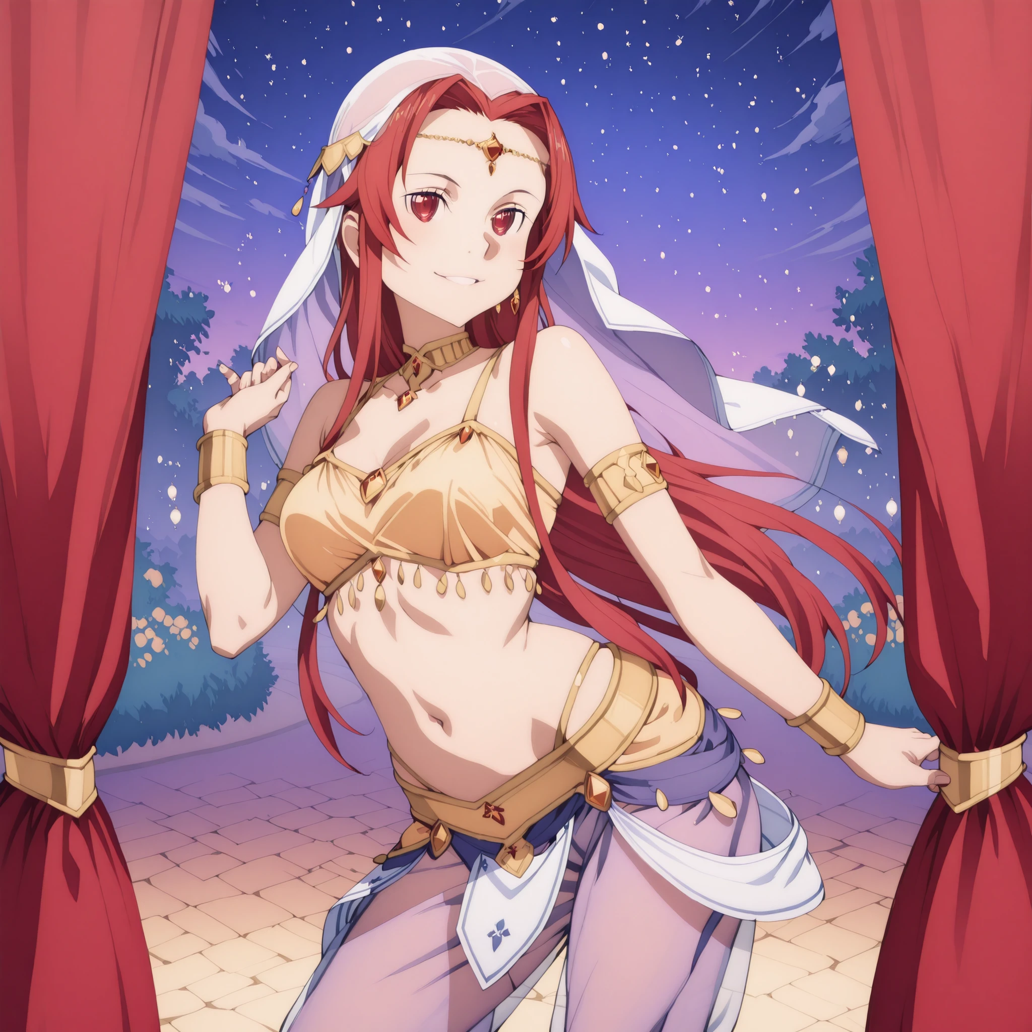 (1girl:1 . 5) , (Seul:1 . 5) , score_9 , score_8_haut , score_7_haut , source_anime , Official work , ultra-detailed , masterpiece , best quality , high res , beaux yeux , detailed eyes , detailed face , beautiful detailed eyes ,Sword Art Online Alicization,Shtolienen Tiese, Arabian Clothes , Arabian Dancer ,belly dancer costume , golden jewelery,harem outfit, harem skirt, harem pants, transparent pants, belly dancing, harem veil , night, arabian garden , seductive smile, dancing with veil, dynamic movement, seductive pose,sexy pose