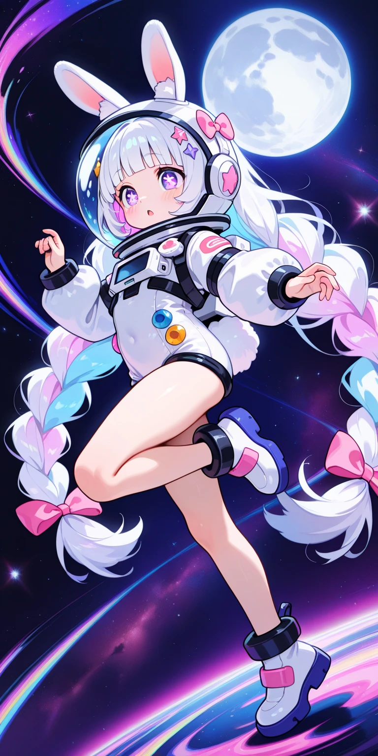 ((masterpiece)), ((highest quality)), (Super detailed), (cute), cute, cute, Lovely, figure, anime style, full body, full body focus, (beautiful eyes), a cute girl, 1 girl, alone, outer space, floating in space, white ruffle bikini swimsuit, beautiful straight long hair, Glasses, slim, thin, Medium chest, surprised face, jumping, active pose.