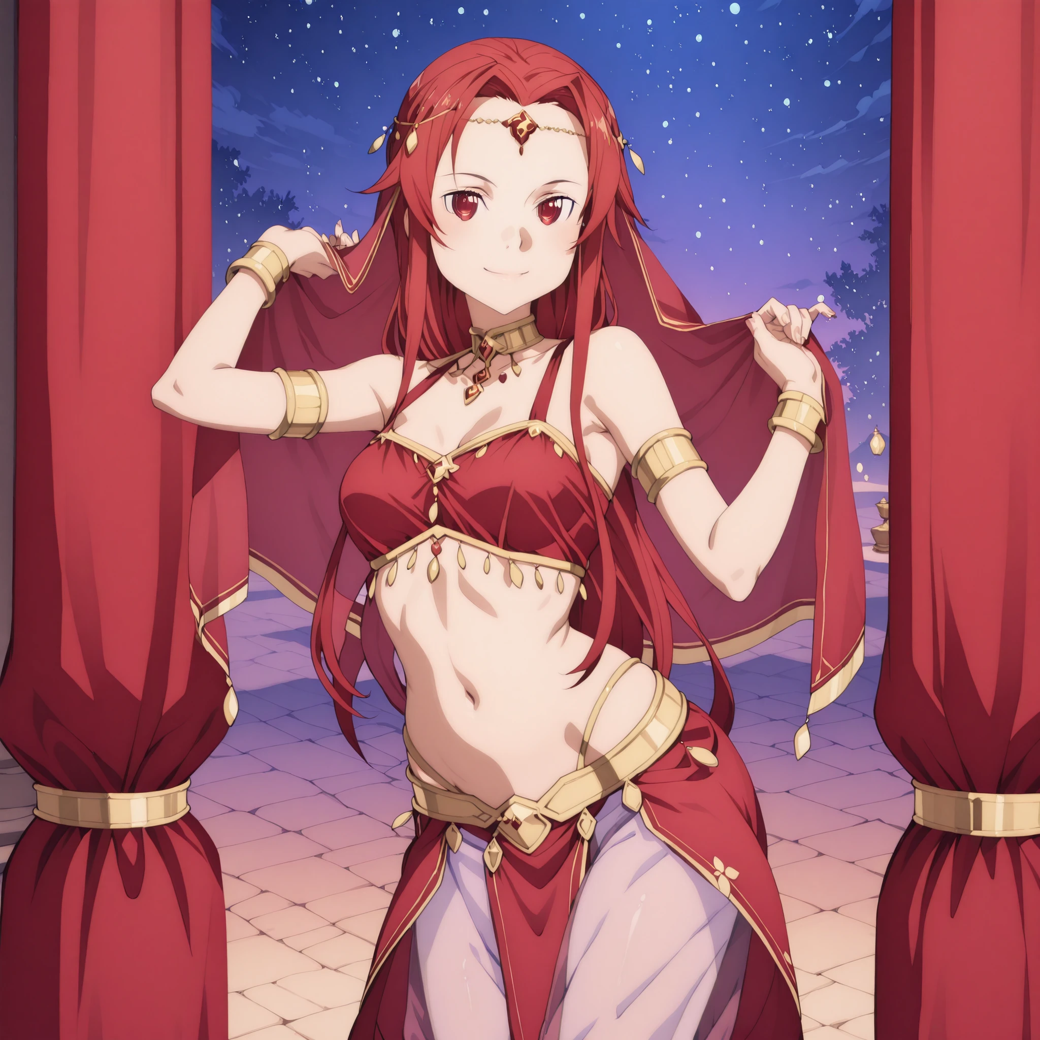 (1girl:1 . 5) , (Seul:1 . 5) , score_9 , score_8_haut , score_7_haut , source_anime , Official work  , ultra-detailed , masterpiece , best quality , high res , beaux yeux , detailed eyes , detailed face , beautiful detailed eyes ,Sword Art Online Alicization,Shtolienen Tiese, Arabian Clothes , Arabian Dancer ,belly dancer costume , golden jewelery,harem outfit, harem skirt, harem pants, transparent pants, belly dancing, harem veil , night, arabian garden , seductive smile, dancing with veil, dynamic movement, seductive pose,sexy pose