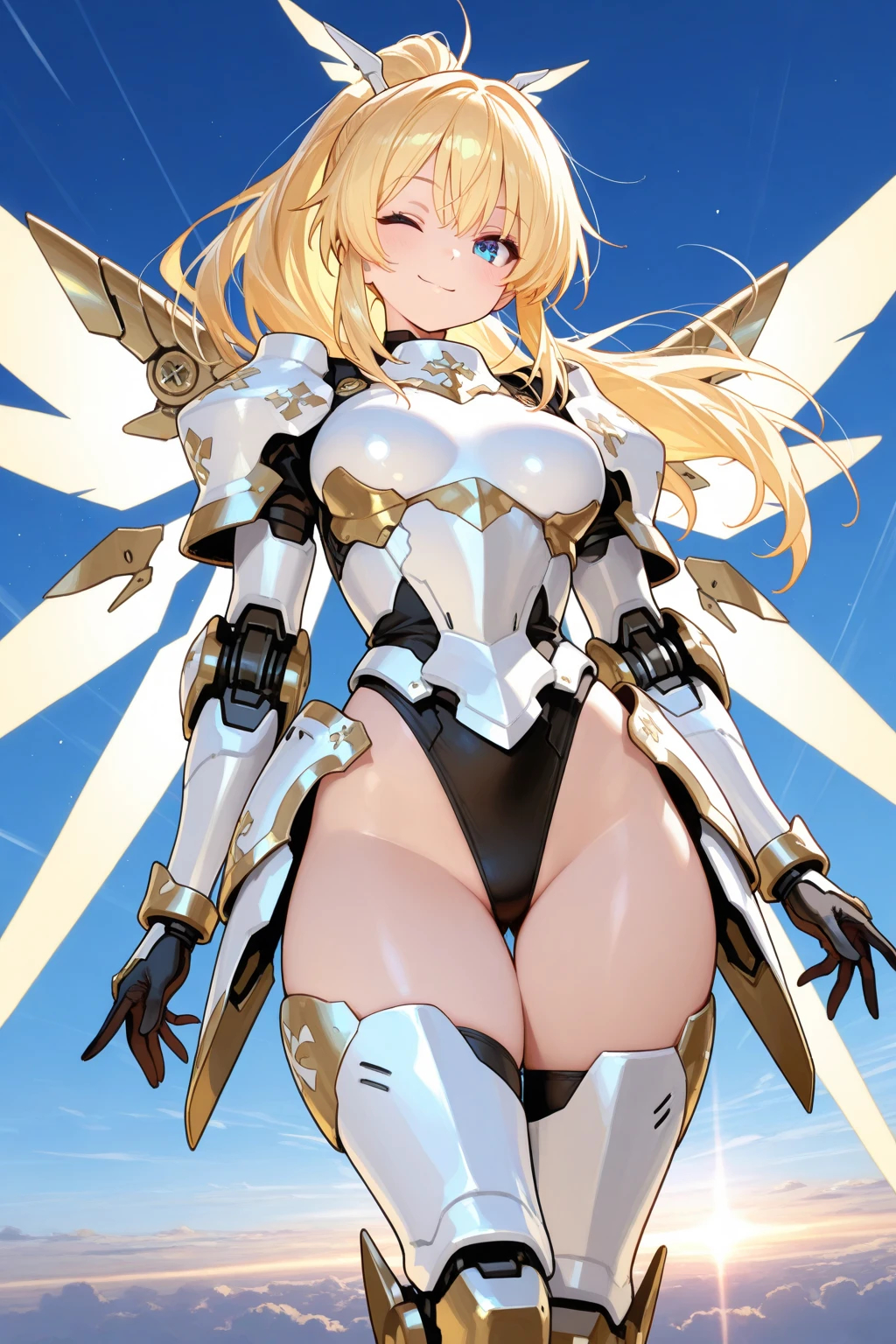 Hmph,,Nipples,Spread the word ,On the bed,Highest quality, Ultra-high-definition 8K CG rendering, Tabletop, High resolution, Very detailed,
1 girl, alone, 17 years old, Blonde, Wavy long hair, blue eyes, whole body, Fighting Pose, flight, (Small breasts:1.2), Big smile,
Bare shoulders, Shining white, mecha musume, Mechanical foot, headgear, yellow armor, In San Francisco City