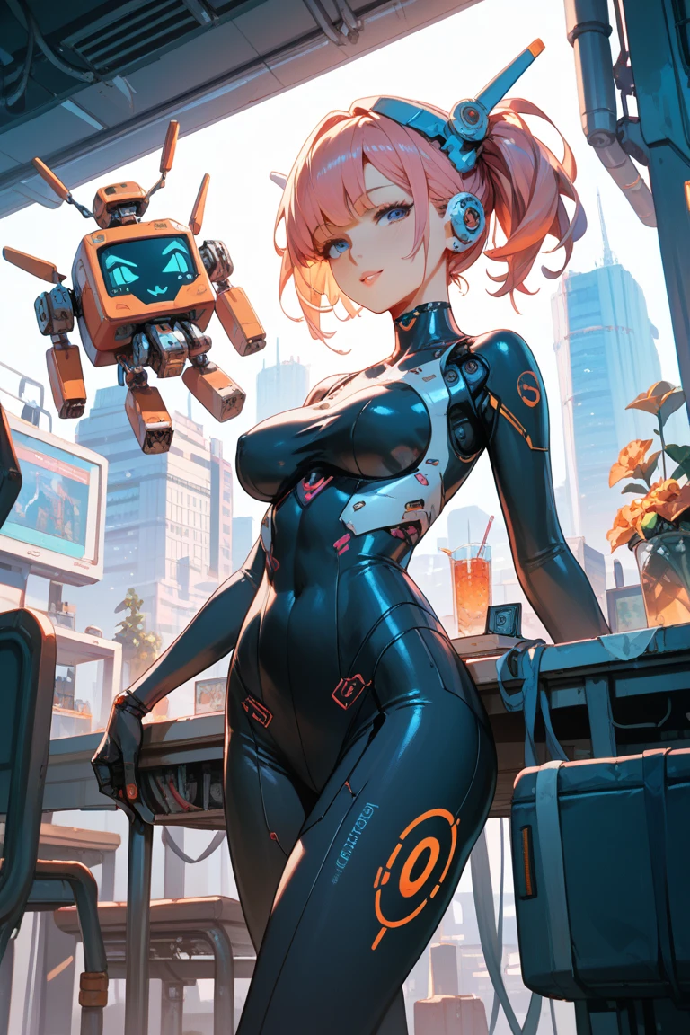 Color Portrait of a young girl, very sexy, modern style, comic book, cyberpunk, future, color fill, rich colors. Very graceful, standing half-turned, sporty posture, looking at the viewer. Tattoos on the body, fashionable short dresses, devices on the body. 2_The background depicts a majestic city of the future, an evening city, lights, illumination, and robots. 3_High image quality, 4K | Ultra HD | Full HD, cinematic comic book, 3D visualization_in comic book style - linear stroke, color fill, high-quality stroke - a masterpiece, TOP computer graphics ART. 8K, dark lighting, heavy shading. (vivid, anime, comic, creative, sharp focus, 8K). High detail of the drawing, lines, high-quality background (shades of cool tones, red, warm highlights, side lighting), Architecture, cyberpunk, futurism. Film grains, dust, and particles in the air.