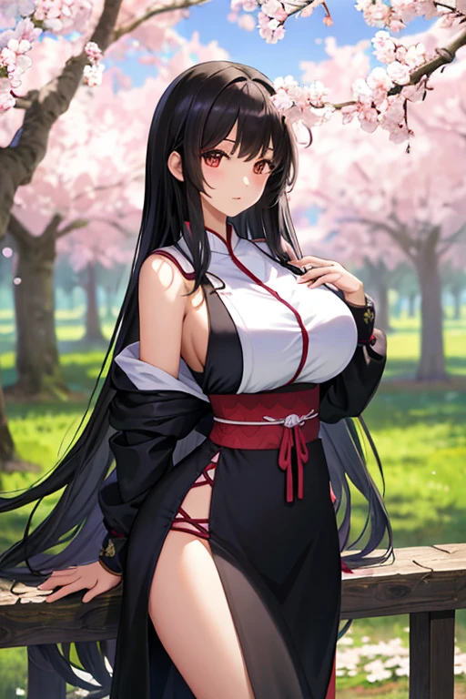 Ninja, kunoichi, long black hair, ninja outfit, red Oni mask in hair, sitting, surrounded by cherry blossoms