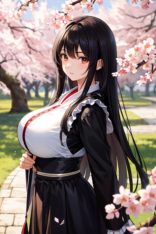 Masterpiece, realistic face, Hinata hyuga, posing, white eyes, big breasts, 4khd, black skirt, beautiful smile half moon eyes, A white blouse, with a background of sakura trees with sun lighting on their back,