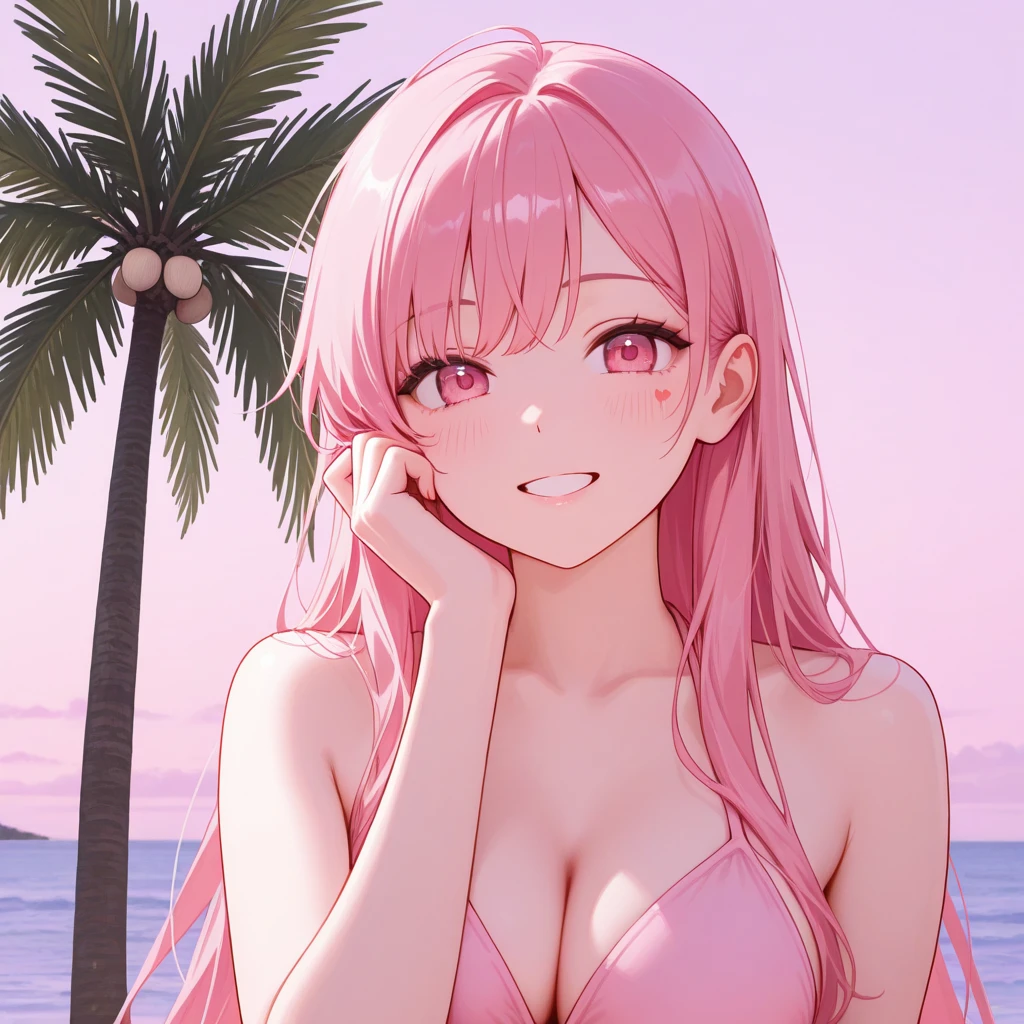 masterpiece, best quality, 1girl, looking at viewer, cute, bikini, beach, sunlight, ocean, medium breasts, green eyes, <lora:ZeroTwo:1>, zero two \(darling in the franxx\), pink hair, beautiful detailed eyes, beautiful detailed glow, lots of glow, arms behind head, embarrassed, cowboy shot,