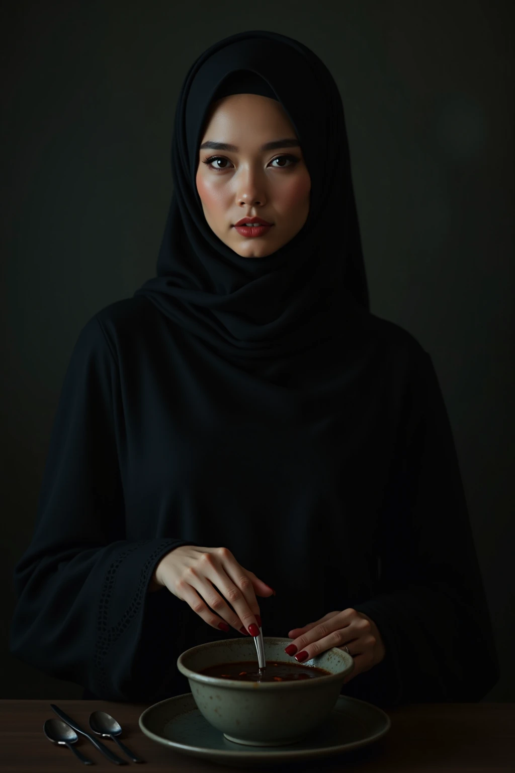 Portrait of a muslim woman wearing a hijab and gloves, standing streight, looking at camera, holding an elastrator, photorealism:1.2, high detail, high resolution, 4K, UHD