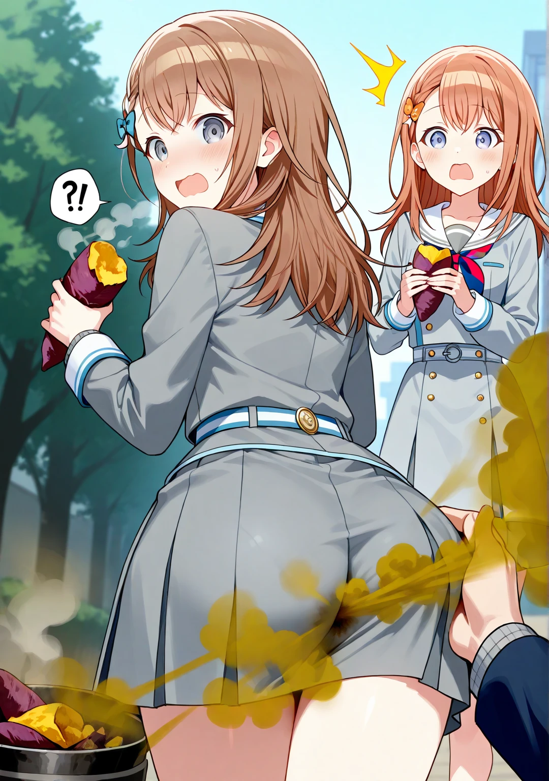 a3r1th, aerith multi view upper body, upskirt view, legs together, a3r1th, peeing, peeing herself, her own urine is trickling down her legs, perfect female figure, Aerith Gainsborough, holding small flower basket, peeing down her legs, green eyes, surrounded by other people, standing in very busy midgar city street, sunny, choker, cropped jacket, hair bow, bracelet, long pink dress, brown ankle boots, looking down nervously, shy, embarrassed, aroused, shocked, panicking, worried, outdoors, a small puddle of her own urine is forming around her feet on the dry ground, very desperate to pee, wetting herself, urination, high detail, Realism, Hyperrealism, three sided view, ccurate, masterpiece, highres, UHD, anatomically correct, super detail, best quality, highres, 8k