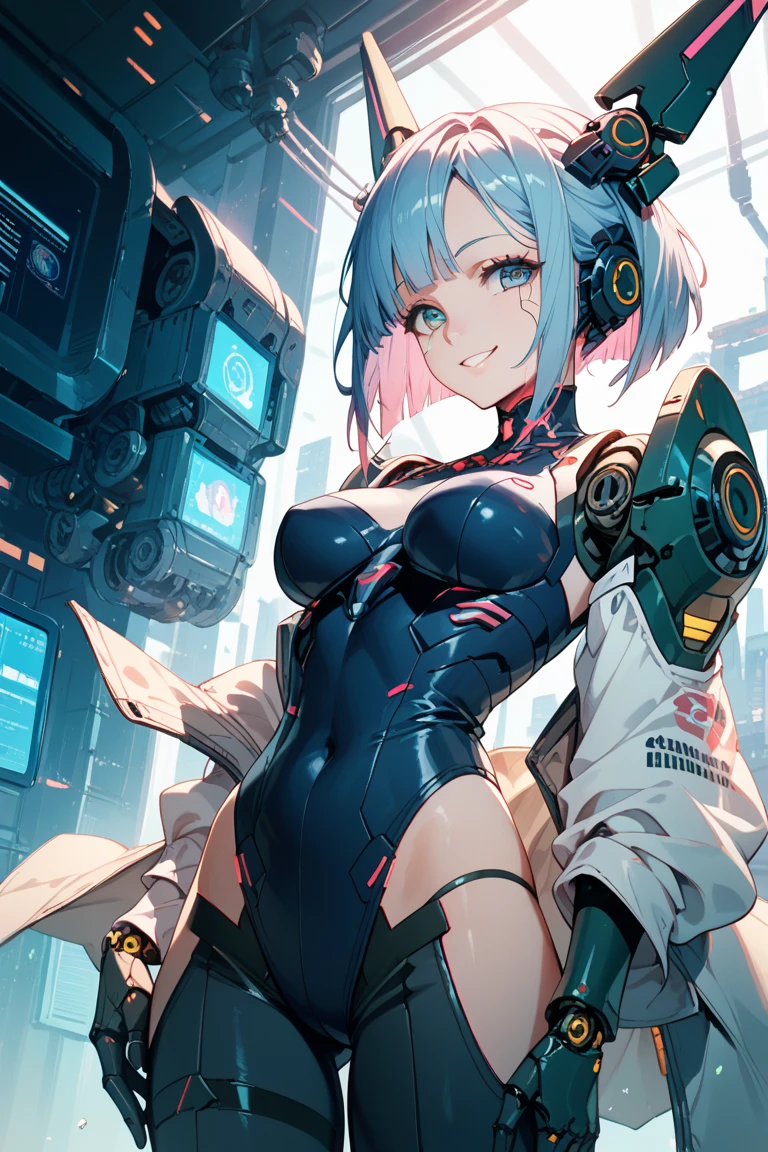 最high quality、Best image quality、masterpiece、and((cute、1、Best Bust、Medium Bust、Beautiful Blue Eyes、Spread your chest wide,Pastel colored hair、ponytail、Disheveled Hair、thin、Highest valley、Cyber Suit、smile、necklace、Show the whole body、Cyber Wings、Random Pause、Cyber Shoes)）high quality、Beautiful art、background((universe space)),Tabletop、Exquisite design、Visual Arts、Written boundary depth、Best lighting、Highest detail、8ｋ