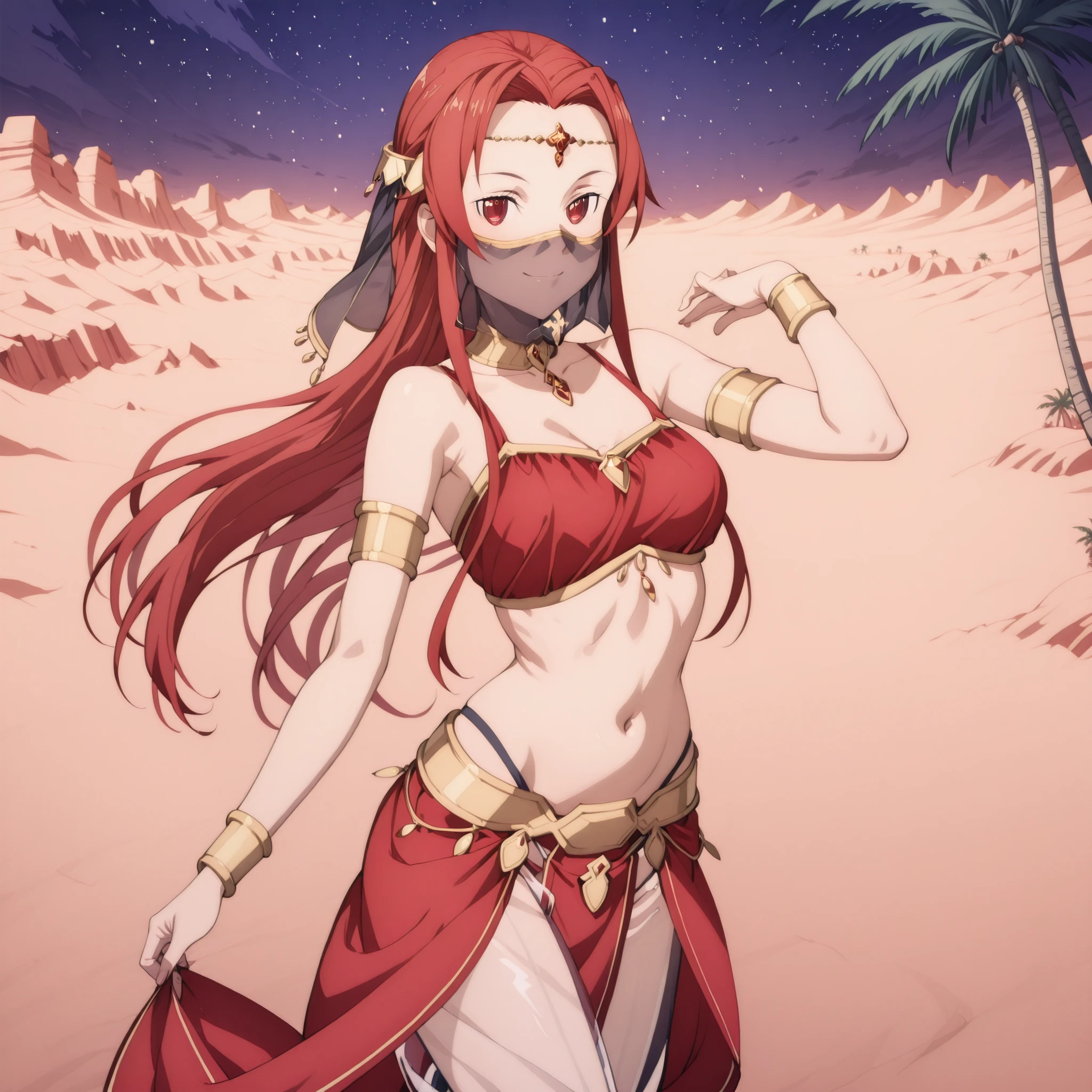 (1girl:1 . 5) , (Seul:1 . 5) , score_9 , score_8_haut , score_7_haut , source_anime , Official work  , ultra-detailed , masterpiece , best quality , high res , beaux yeux , detailed eyes , detailed face , beautiful detailed eyes ,Sword Art Online Alicization,Shtolienen Tiese, Arabian Clothes , Arabian Dancer ,belly dancer costume ,face veil , golden jewelery,harem outfit, harem skirt, harem pants, transparent pants, belly dancing, harem veil , night, desert landscape,palm tree, seductive smile, dancing with veil, dynamic movement, seductive pose,sexy pose