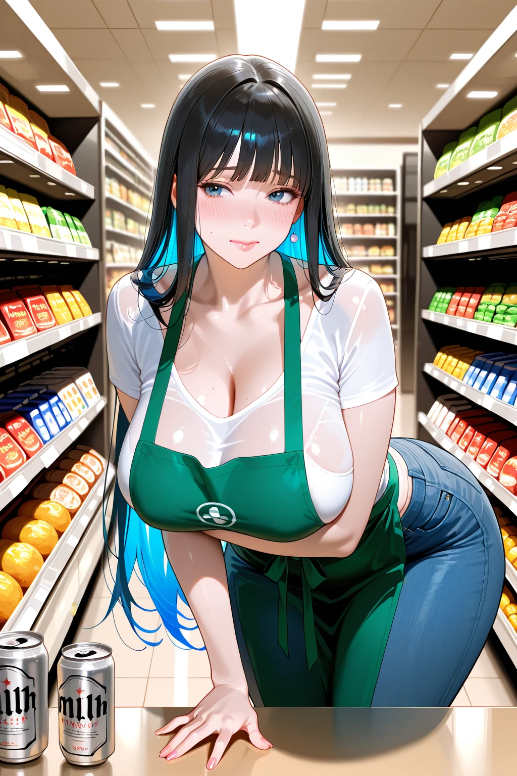 (Masterpiece), Best Quality, ultra-detailed, 1girl (rinko_iori, Slender and sexy body, huge and pretty breasts, wide hips, naked body, dark blue hair, long wave hair, blue eyes), evil face, smirk,parted lips,mascara, full makeup, red lipstick, facing viewer, looking at viewer, solo, elegant tight evening dress, very tight dress, silver dress, sexy outfit, long slim and fit leg, big v neckline, 21thshirow, covered nipples, in the store, standing, Sexy waist teasing, a provocative pose