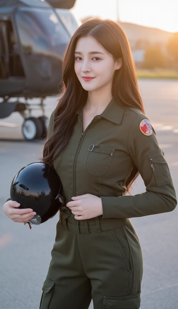 Best quality, ((professional photograph, RAW photo)), Insanely realistic, an extremely delicate and beautiful, ultra high res, intricate composition, realistic lighting and shading, (Realistic image of a extremely pretty female Aircraft mechanic, solo), Inside a spacious Aircraft hangar, Vintage airplanes of the World War II era line the background, She does aircraft maintenance, (wearing Military camouflage patterned Long-sleeved mechanic's coverall), (wearing mechanic's heavy-duty glove), (Wearing a headset), her hair is tied back later, very professional mechanic, inscrutable smile, ((extremely beautiful depiction of the eyes and face)), ((insanely beautiful natural skin texture)), Accurate eyes, Accurate hands, Well-balanced overall body