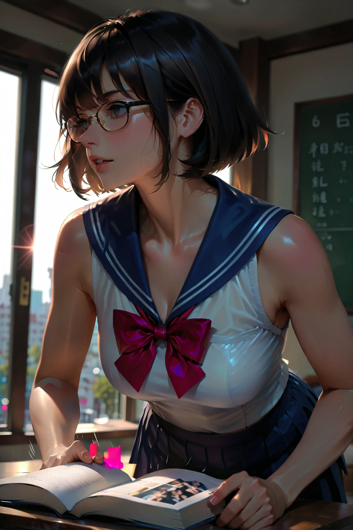 (1 female),(solo),(front),(Crying:1.8),BREAK,black short hair,(large breasts),(beautiful abs1.1),(thick muscular legs),(very slim body:1.4),BREAK,black glasses,BREAK,(short sleeved white sailor suit:1.4),(crop top:1.5),(naked lower body:1.6), BREAK,(black thighhighs boots),BREAK,((Highest quality)),masterpiece,Perfect Anatomy,Highly detailed face and eyes