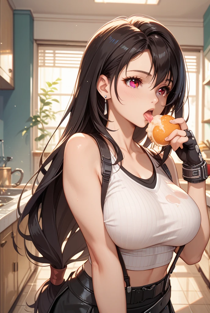 <lora:Khyle_LoRAv2.4:0.7>, 1girl, breasts, yor briar, red eyes, solo, navel, holding, food, cleavage, black hair, open mouth, kitchen, upper teeth only, looking at viewer, sports bra, smile, large breasts, earrings, jacket, sidelocks, teeth, collarbone, jewelry, midriff, bangs, holding food, indoors, hairband, towel, pants, red jacket, :d, long hair, web address, warm lighting, (brush strokes), (rough drawing), (film grain), blurry