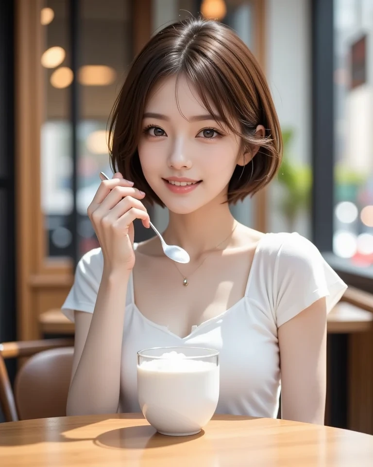super high quality, smile, Slenderのネックレス, Slender, The staff is working at the counter in the back., (8k、RAW Photos、Highest quality、masterpiece:1.2), Japanese Idol, (Realistic、Photorealistic:1.37), Urban Cafe, Golden Ratio, Raw photo, Light Brown Hair, Small breasts, Bright cafe interior, Blurred Background, Summer clothes, Cafe Terrace, Open Cafe, Photographed inside the cafe, Pretty face, Hair blowing in the wind, Neat clothes, T-Shirts, Very Short Hair, 18-year-old, beautiful girl,