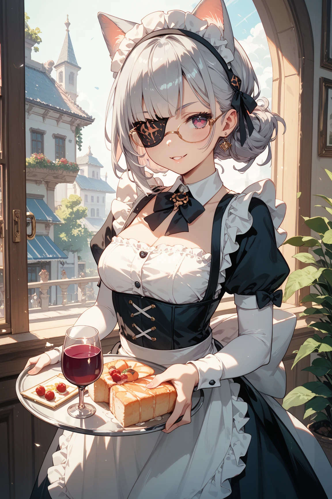 (best quality, masterpiece), (ultra high resolution, 8K RAW photo, photo realistics:1.5, cinematic lighting, textile shading, thin outline, clear focus:1.2), Beautuful Matured woman preparing tea_party in the garden, standing by the round table, serving a cup of tea, leaning forward, (meisen's tea set, tea pot, tea cups, some cakes on dish), delicate and classy French style white table with gold accents and royal_blue, (wearing light_brown maid uniform:1.7, breast cleavage, maid costume:1.2, long flare skirts, apron, bow ties on the chest), long tall sally, long legs, white hair, (wearing thin-flame glasses:1.2), (milf:1.5, 28 years old, solo), (large breast, sagging breast, big tits, narrow waist), (medium short white hair, hair over one eye, (updo hair:1.2), side lock, asymmetric hair, wavy hair), (fine bright pupils, high detailed eyes with highlight:1.3, high detailed face, Perfect face shape, eye rush), (seductitve smiling, half-closing eyes:1.2), (looking at viewers:1.3), (dutch angle, full body:0.7, from below:1.2), ((correct ???????:1.5, correct hands)), (ideal ratio of body proportions), (outdoor:1.2, grass field), 