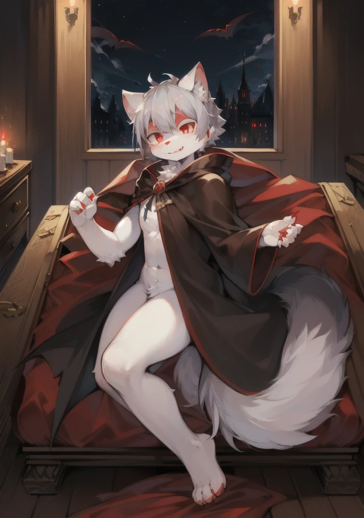(Dark Environment: 0.8), Masterpiece, High Quality, Abstract Res, Digital Painting\(artwork\), by Dagasi, Yupa, Kiyosan, (Anthro, Fluffy Fur, Character Focus: 1.1), Anthro Male Cat, Short Hair, Portrait , bright eyes, panorama, character focus. (Detailed background: 0.7), Duo, Twins, Furry, Furry male, Male focus, Anthr, (Full body fur, Fluffy tail, White fur, Red eyes, Gray hair: 1.2), (Canids, vampires, capes: 1.2), (Inside, night, castle: 1.1), Teen, Bed, bed, bedroom, protagonist kneeling on bed, protagonist kneeling on bed, pee, urine, pee, protagonist holding urine, protagonist holding urine, hands covering the crotch, hands covering the crotch, tail sandwiched between legs, tail sandwiched between legs, tail sandwiched under private parts, urine, pee, pee, urine, pee, pee, blush, wet crotch, love around the protagonist, dialog: "To ... It's coming out~"