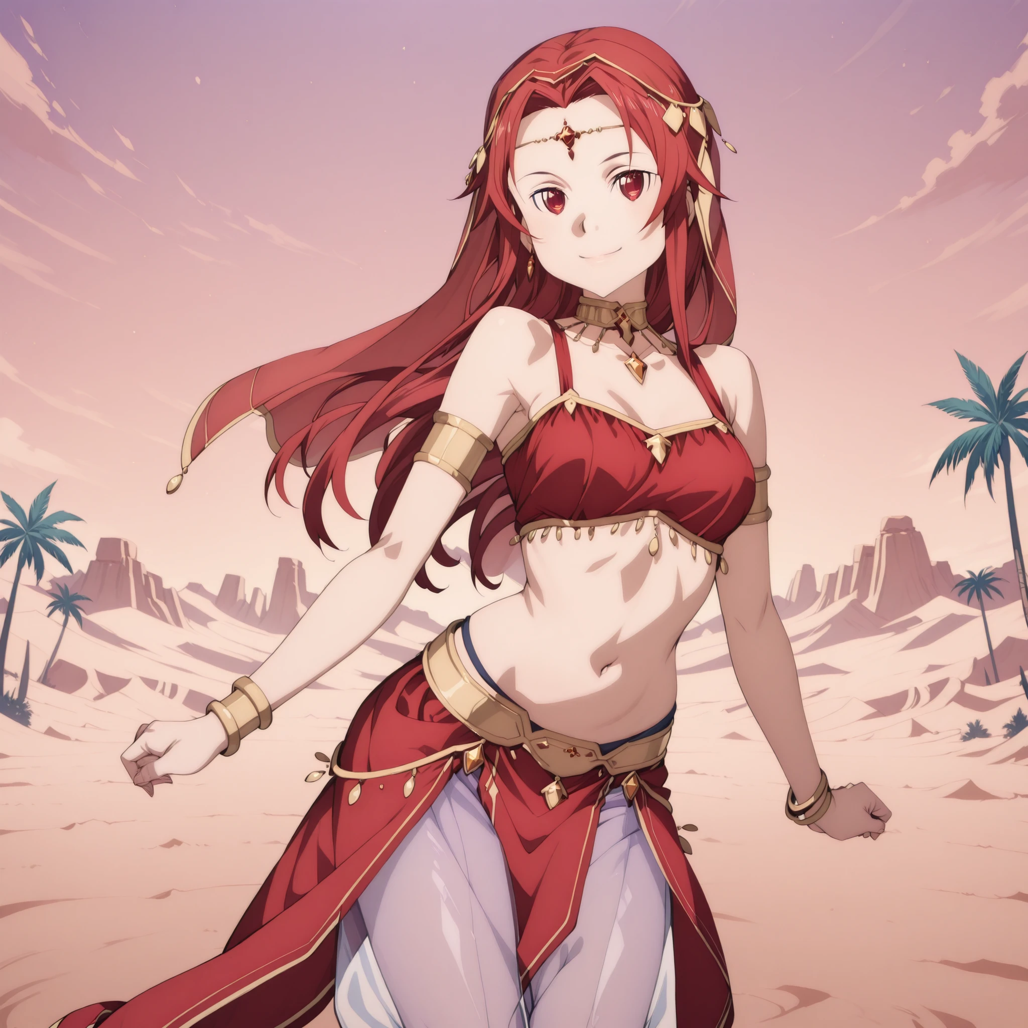 (1girl:1 . 5) , (Seul:1 . 5) , score_9 , score_8_haut , score_7_haut , source_anime , Official work  , ultra-detailed , masterpiece , best quality , high res , beaux yeux , detailed eyes , detailed face , beautiful detailed eyes ,Sword Art Online Alicization,Shtolienen Tiese, Arabian Clothes , Arabian Dancer ,belly dancer costume , golden jewelery,harem outfit, harem skirt, harem pants, transparent pants, belly dancing, harem veil ,desert landscape,palm tree, seductive smile, dancing with veil, dynamic movement, seductive pose,sexy pose